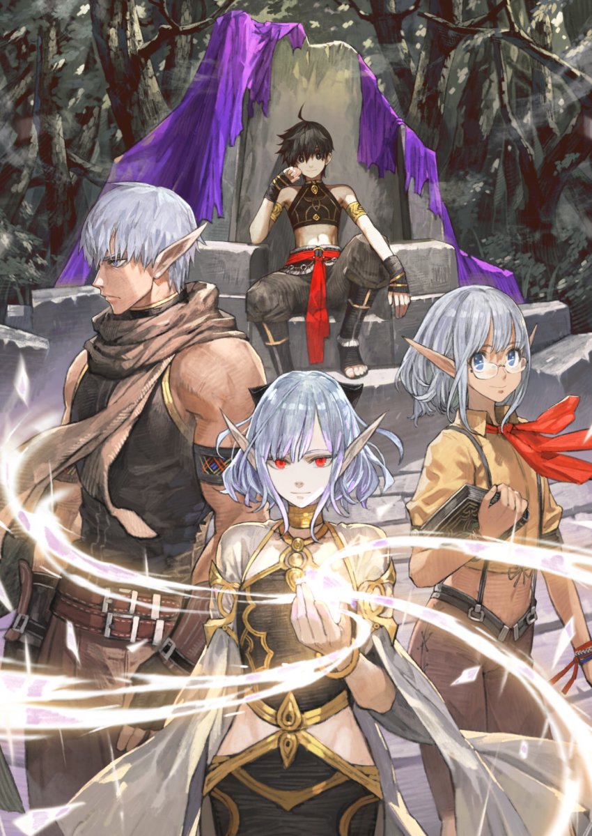 2boys, 2girls, ahoge, armlet, atou_(isekai_mokushiroku_mynoghra), belt, black_eyes, black_hair