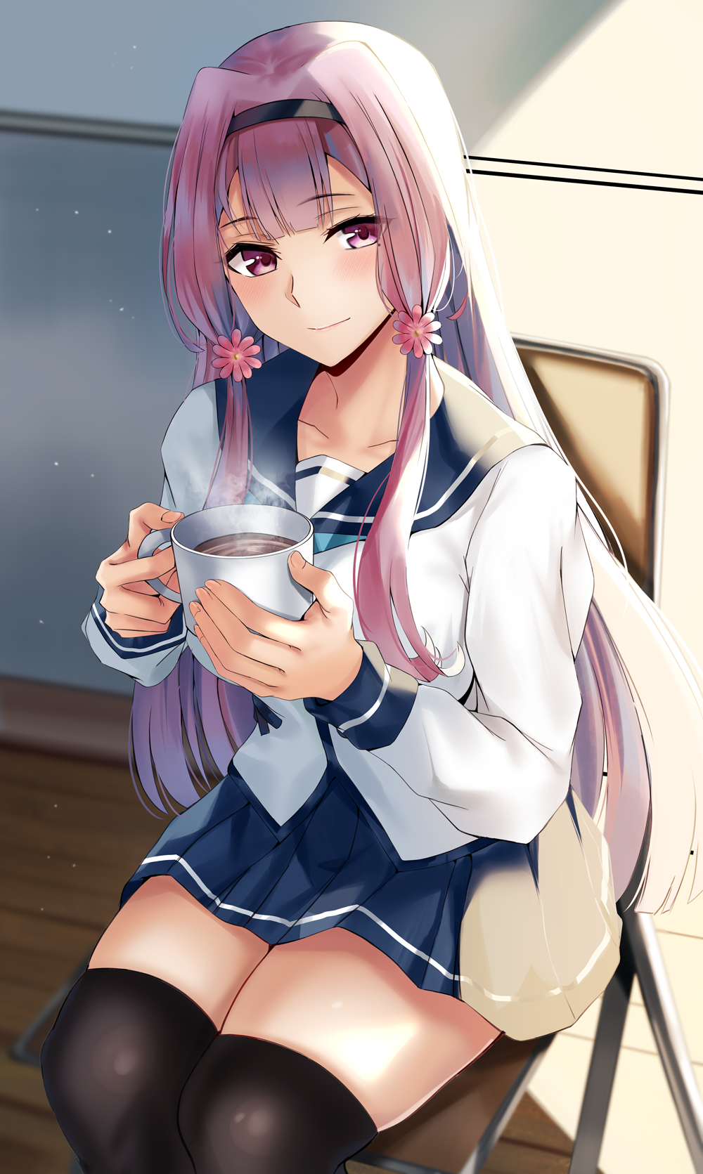 1girl, akino_sakura_(oresuki), bad_id, bad_pixiv_id, black_thighhighs, blush, breasts, chair