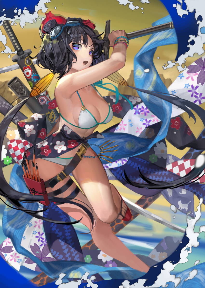 1girl, absurdres, bikini, black_hair, bracelet, breasts, calligraphy_brush, cleavage