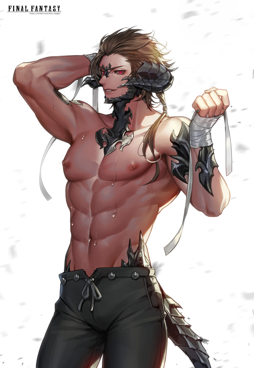 1boy, abs, absurdres, arm_up, au_ra, warrior_of_light_(ff14), bandaged_hand, bandages, biceps, black_pants, brown_hair, collarbone, copyright_name, cowboy_shot, dragon_horns, dragon_tail, fictional_persona, final_fantasy, final_fantasy_xiv, hair_ribbon, hajun_(hey_sangha), hand_up, highres, horns, huge_filesize, lips, long_hair, looking_at_viewer, male_focus, muscular, muscular_male, navel, nipples, pants, parted_lips, pectorals, ponytail, red_eyes, ribbon, scales, smile, stomach, sweat, tail, topless_male, twitter_username, watermark, web_address