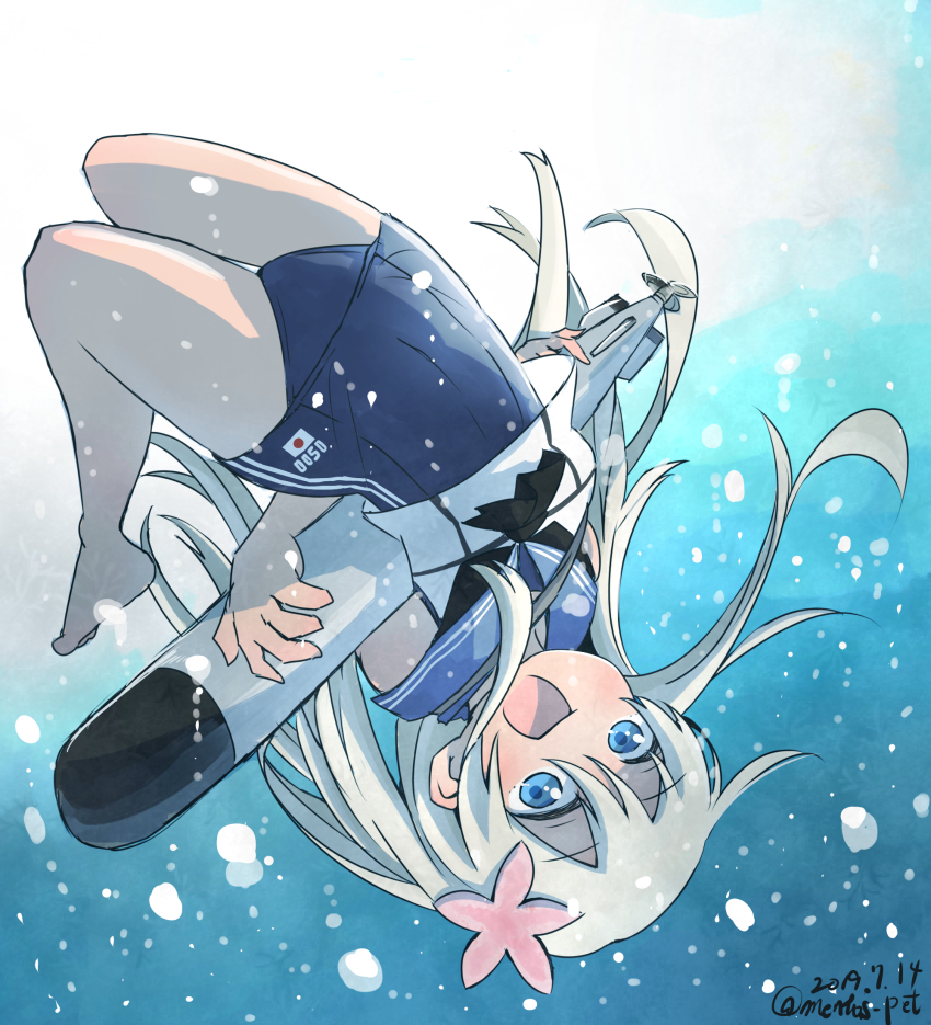 1girl, aoba_(akibajun), blue_eyes, female_focus, flower, hair_flower, hair_ornament, highres, kantai_collection, nontraditional_school_swimsuit, one-piece_swimsuit, open_mouth, platinum_blonde_hair, ro-500_(kancolle), sailor_collar, school_swimsuit, smile, solo, swimsuit, tan, torpedo, underwater, upside-down