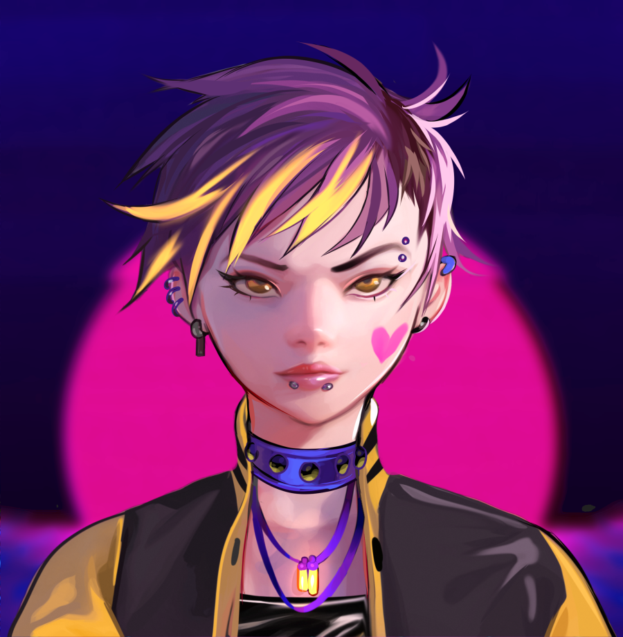 1boy, ashley_hamilton, bangle, blonde_hair, bracelet, collar, ear_piercing, earrings, eyeliner, eyeshadow, heart, jewelry, makeup, male_focus, multicolored_hair, original, piercing, purple_hair, solo, tattoo, toxxy, trap, upper_body, yellow_eyes