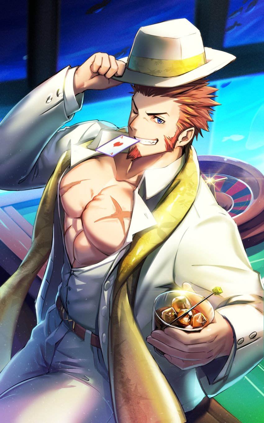 1boy, abs, bara, beard, belt, blue_eyes, blush, brown_hair