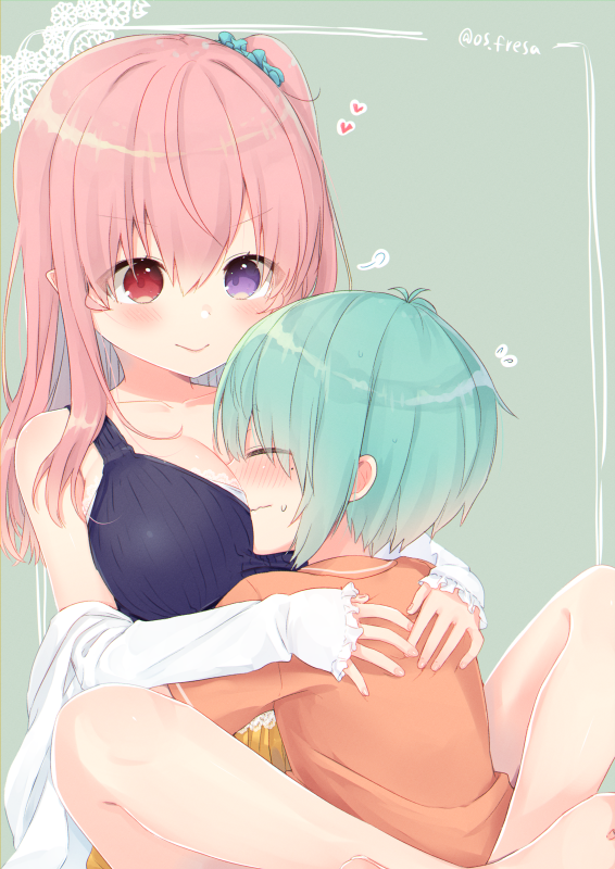 1boy, 1girl, age_difference, blue_hair, blush, breast_smother, child, closed_eyes