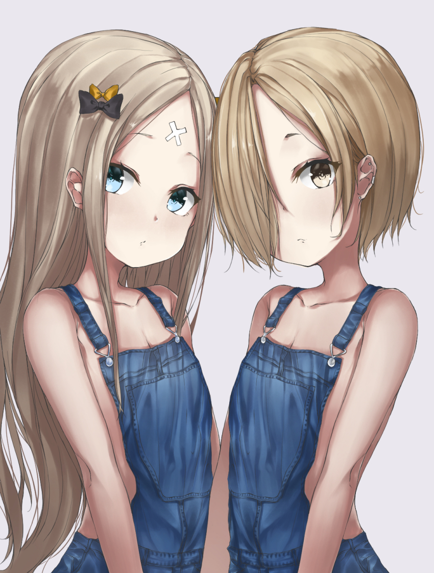2girls, abigail_williams_(fate), bandaid, bandaid_on_face, bandaid_on_forehead, bare_shoulders, black_bow, blonde_hair, blue_eyes, blush, bow, breasts, collarbone, crossed_bandaids, crossover, fate/grand_order, fate_(series), forehead, hair_bow, hair_over_one_eye, highres, idolmaster, idolmaster_cinderella_girls, long_hair, looking_at_viewer, multiple_girls, multiple_hair_bows, naked_overalls, open_mouth, orange_bow, overalls, parted_bangs, parusu_(ehyfhugj), shirasaka_koume, short_hair, simple_background, small_breasts, white_background