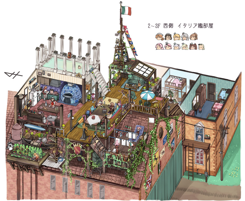 6+girls, alcohol, aquila_(kancolle), architecture, arms_behind_head, mini_cooper, bathing, bed