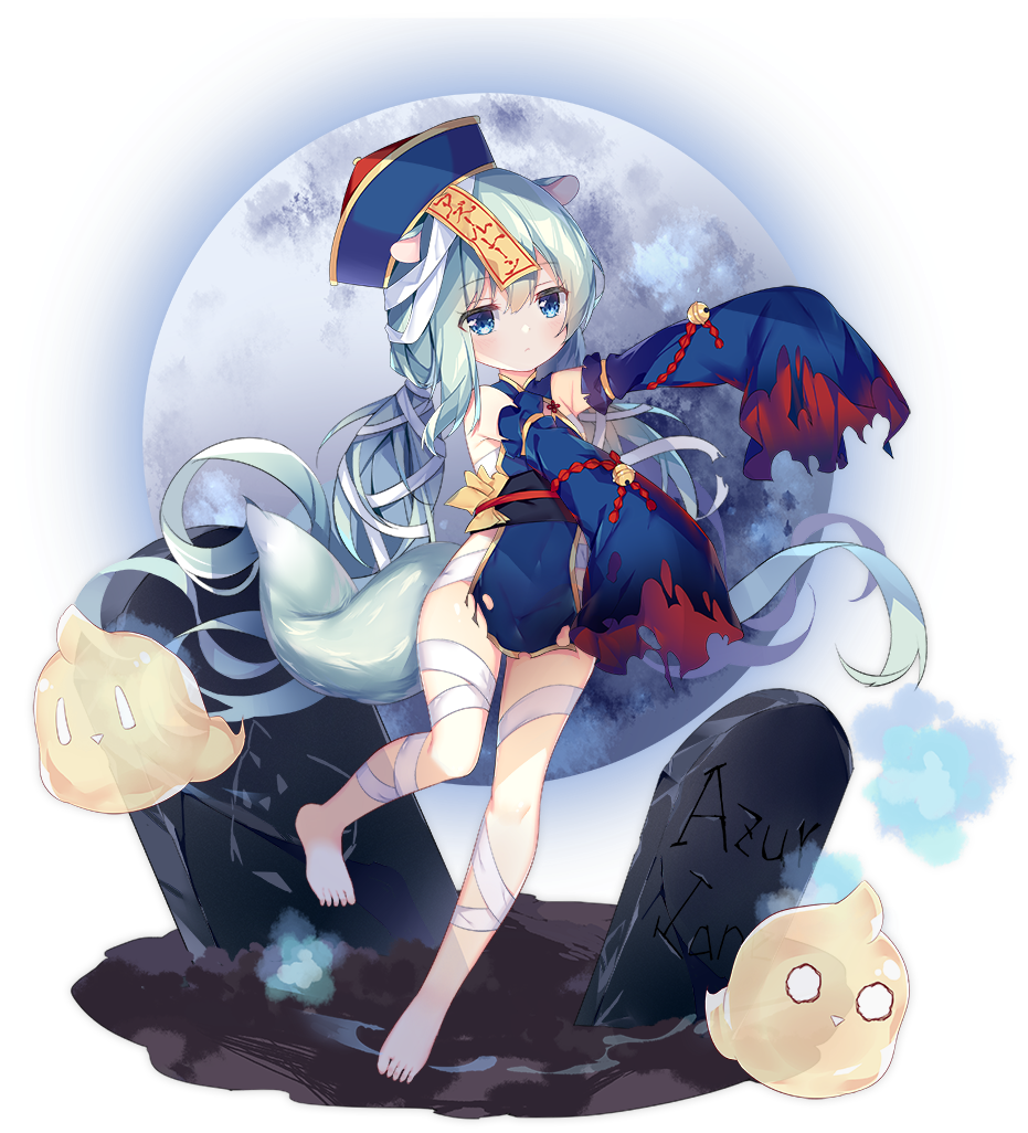 1girl, animal_ears, aqua_hair, azur_lane, bandages, bare_shoulders, barefoot, bell, blue_dress, blue_eyes, blue_hat, closed_mouth, copyright_name, detached_sleeves, dress, female_focus, full_body, full_moon, ghost, grave, halloween, hat, jiangshi, jingle_bell, long_hair, long_sleeves, looking_at_viewer, manjuu_(azur_lane), mikazuki_(azur_lane), mikazuki_(sweet_zombie)_(azur_lane), moon, obi, official_alternate_costume, official_art, ofuda, outstretched_arms, qingdai_guanmao, sash, sleeves_past_fingers, sleeves_past_wrists, solo, standing, standing_on_one_leg, tail, torn_clothes, torn_dress, torn_sleeves, transparent_background, tsukimi_(xiaohuasan), very_long_hair, zombie_pose