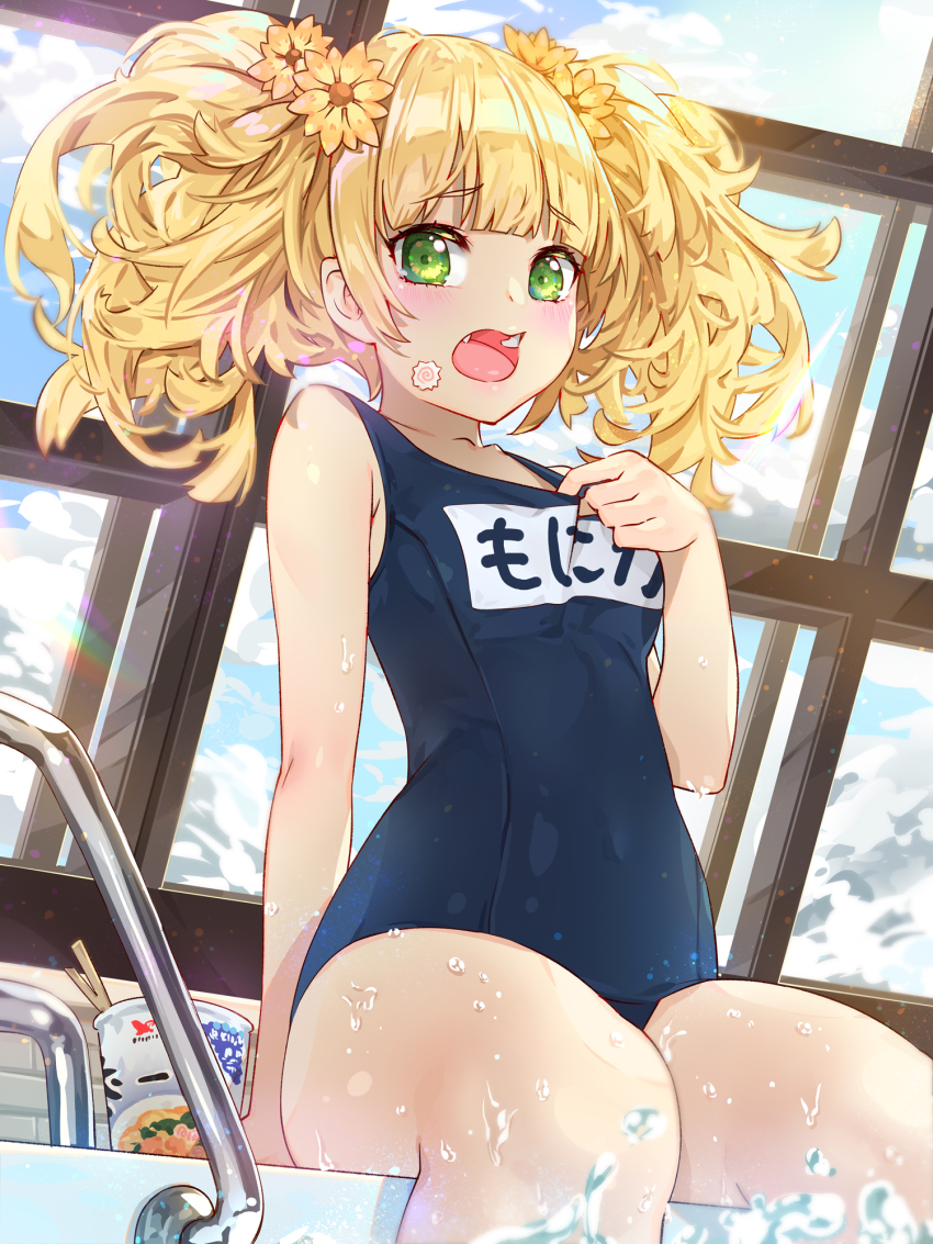 1girl, arm_at_side, bare_legs, bare_shoulders, blue_one-piece_swimsuit, blunt_bangs, blush, chopsticks