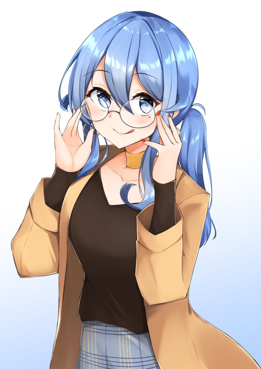 1girl, alternate_costume, alternate_hairstyle, bespectacled, blue_eyes, blue_hair, blue_skirt, brown_coat