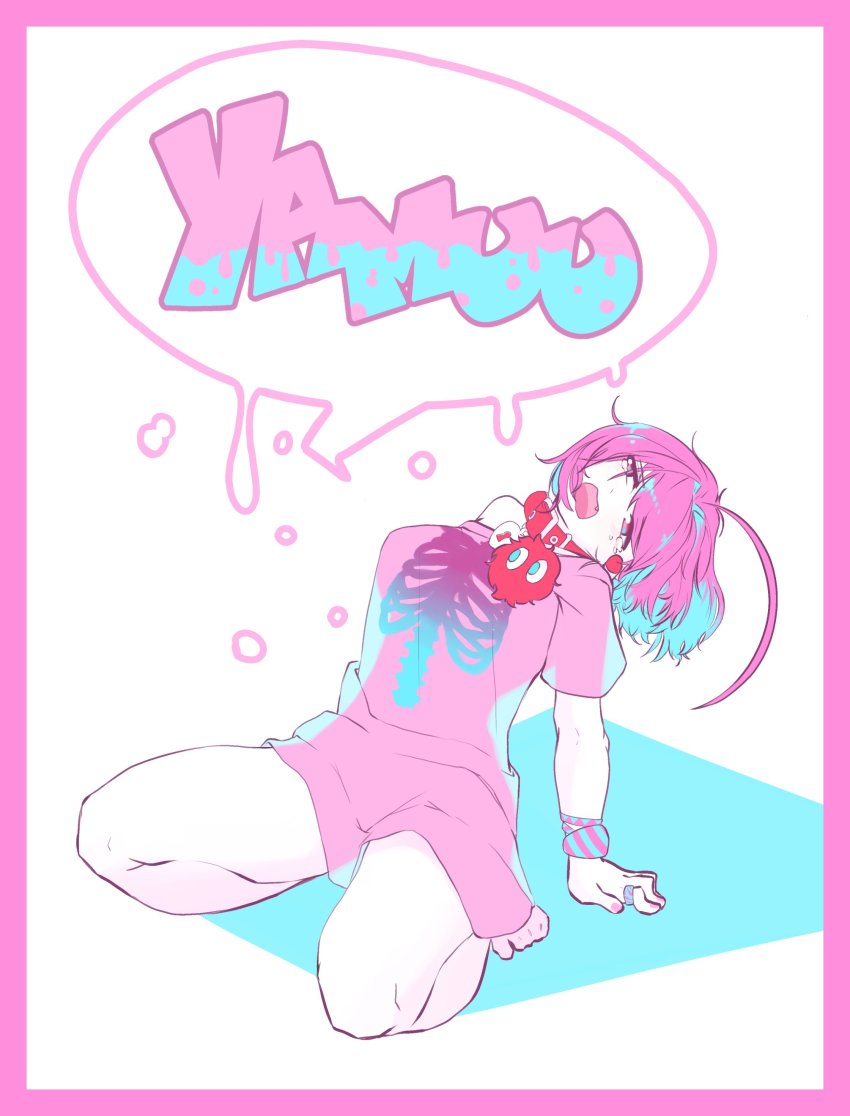 1girl, absurdres, ahoge, bare_legs, bare_shoulders, barefoot, belt_collar, blue_hair