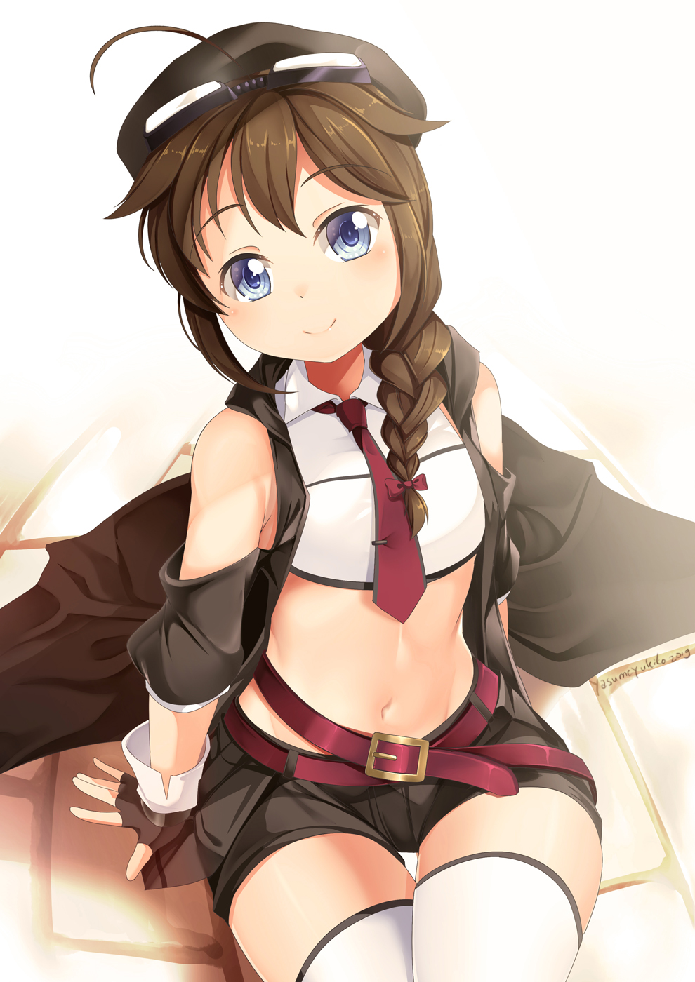 1girl, ahoge, artist_name, belt, black_gloves, black_hat, black_shorts, black_thighhighs