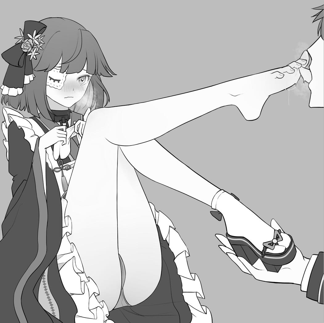 1boy, 1girl, barefoot, blush, bow, eyepatch, faceless, faceless_male, feet, forever_7th_capital, hair_bow, licking, licking_foot, medium_hair, monochrome, panties, pantyshot, shoes, single_shoe, single_sock, socks, soles, toes, underwear, xssh, yumi_(forever_7th_capital)