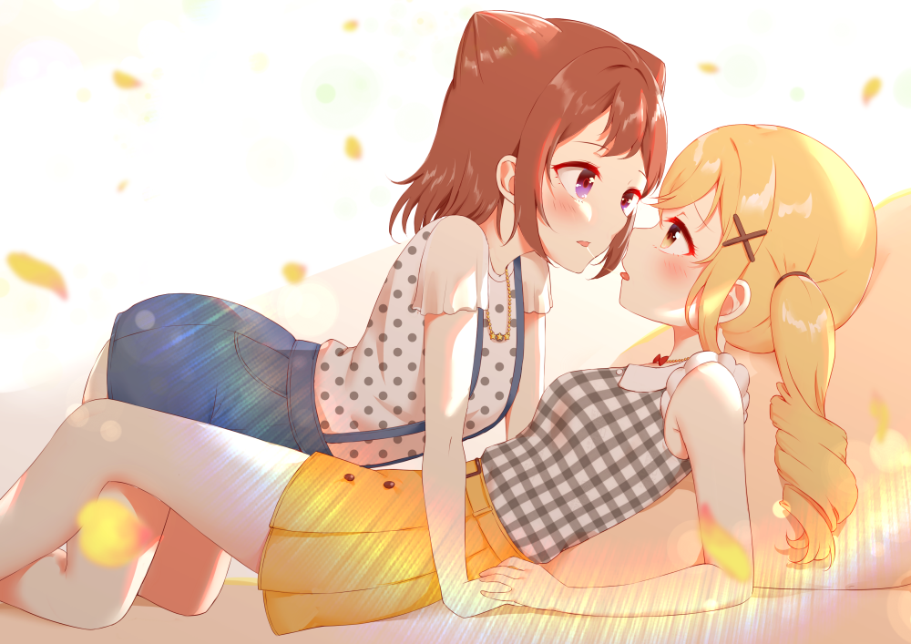 2girls, bang_dream!, bang_dream!_girls_band_party!, bare_arms, bare_shoulders, blonde_hair, blue_skirt, blush