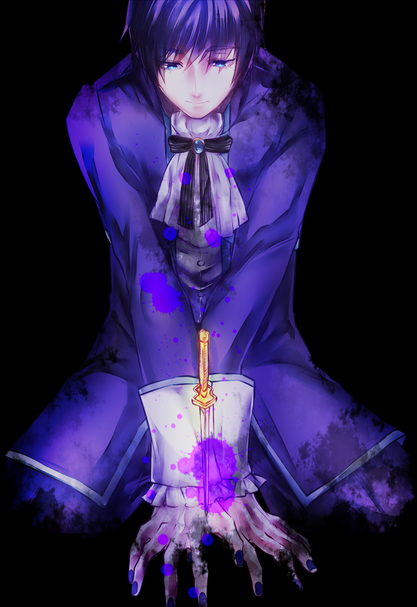 1boy, ascot, black_background, blood, blood_splatter, blue_eyes, blue_hair, blue_nails