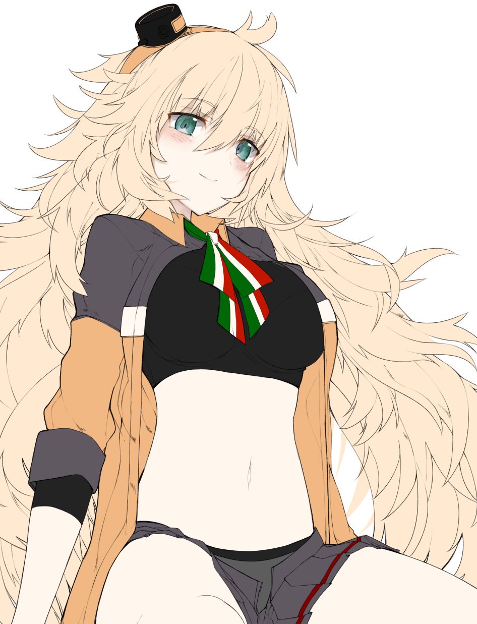 bad_id, bad_twitter_id, blonde_hair, blush, cardigan, ekuesu, flag_print, girls'_frontline, green_eyes, hairband, highres, italian_flag, italian_flag_neckwear, italian_flag_print, jacket, long_hair, looking_at_viewer, messy_hair, midriff, navel, open_cardigan, open_clothes, orange_cardigan, orange_hairband, orange_jacket, s.a.t.8_(girls'_frontline), sitting, sports_bra
