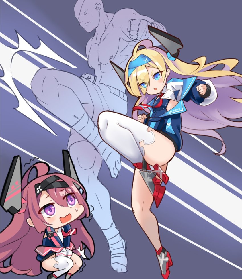 ahoge, azur_lane, blonde_hair, blue_eyes, covering_crotch, covering_privates, eyepatch, hair_over_one_eye, highres, hm_(hmongt), horns, jacket, kicking, mechanical_horns, off-shoulder_jacket, off_shoulder, parody, ribbon, sagat, smalley_(azur_lane), stanly_(azur_lane), street_fighter, thighhighs, thighs, tiger_knee, topless_male, white_legwear