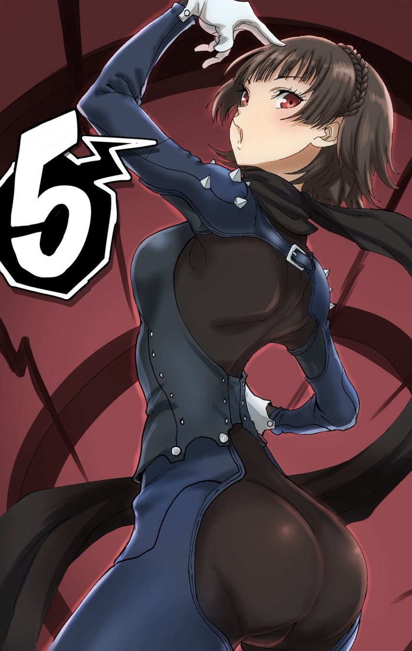 1girl, ass, bodysuit, braid, breasts, brown_hair, commentary_request, crown_braid, female_focus, from_behind, gloves, highres, kurosususu, looking_at_viewer, looking_back, niijima_makoto, persona, persona_5, queen_(persona_5), red_eyes, short_hair, shoulder_spikes, solo, spikes, spoken_number, thighs, white_gloves