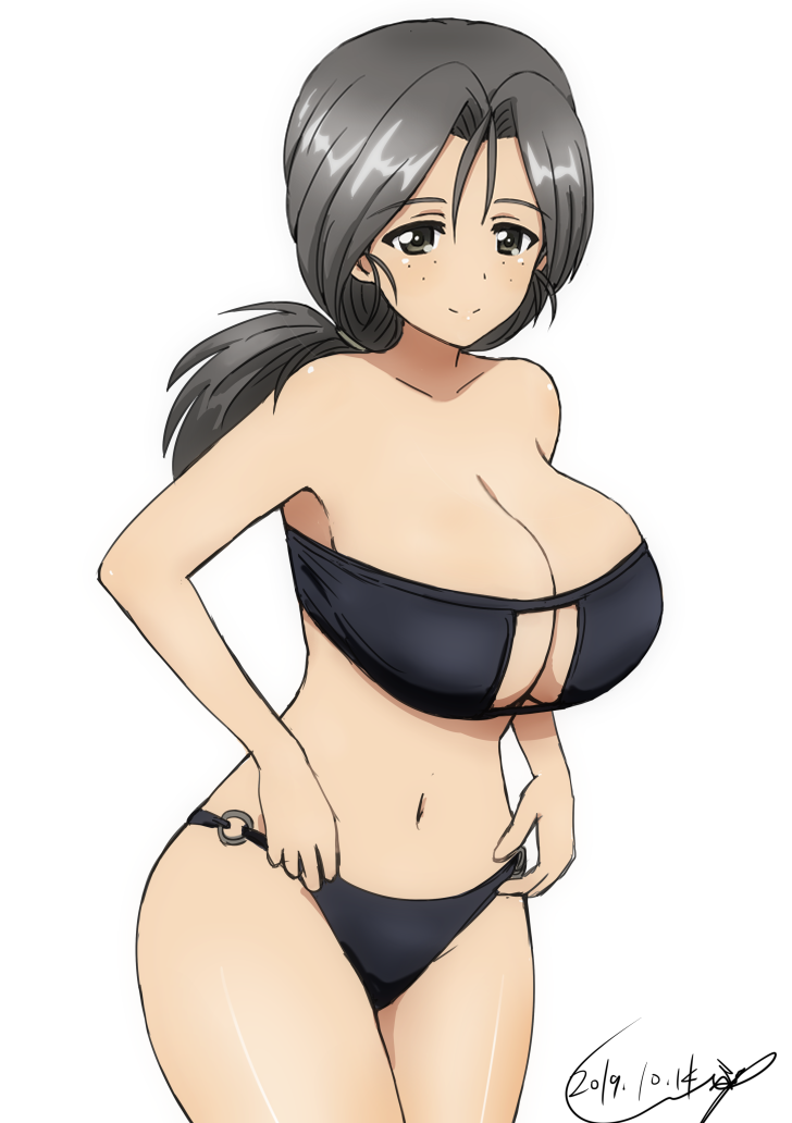 1girl, bikini, black_bikini, blush, breasts, bukkuri, cleavage, closed_mouth