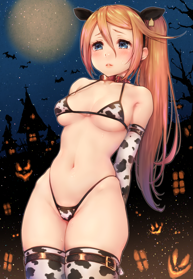 1girl, animal_ears, animal_print, bat_(animal), bikini, blue_eyes, blush, breasts, brown_hair, collar, commentary_request, cow_ears, cow_print, cow_print_bikini, crossed_bangs, dutch_angle, elbow_gloves, etrian_odyssey, fake_animal_ears, female_focus, full_moon, gloves, hair_between_eyes, halloween, highleg, highleg_bikini, kanae_(sekaiju), kazabuki_poni, long_hair, medium_breasts, micro_bikini, moon, navel, neck_bell, night, outdoors, parted_lips, print_bikini, side_ponytail, silhouette, skindentation, solo, stomach, string_bikini, sweatdrop, swimsuit, thighhighs, thong_bikini
