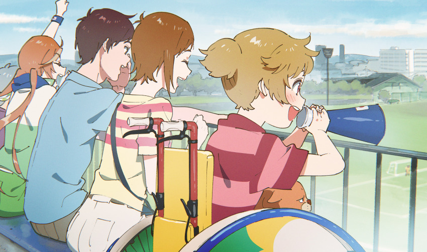 2boys, 2girls, absurdres, arm_up, blue_shirt, brown_hair, cheering, father_and_child, father_and_son, fence, hana_(dqkmb362), highres, huge_filesize, jinnai_kouka, long_hair, mother_and_child, mother_and_son, multiple_boys, multiple_girls, nyantaro_(sarazanmai), parent_and_child, sarazanmai, shirt, sitting, soccer_field, striped_clothes, striped_shirt, topknot, twintails, wheelchair, wristband, yasaka_haruka, yasaka_kazuki's_father, yasaka_kazuki's_mother