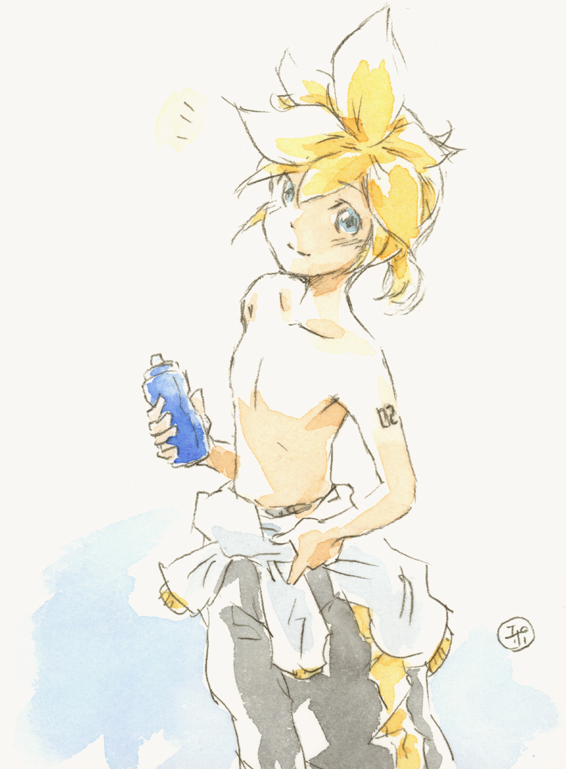 1boy, ^^^, black_shorts, blonde_hair, blue_eyes, bottle, closed_mouth, clothes_around_waist