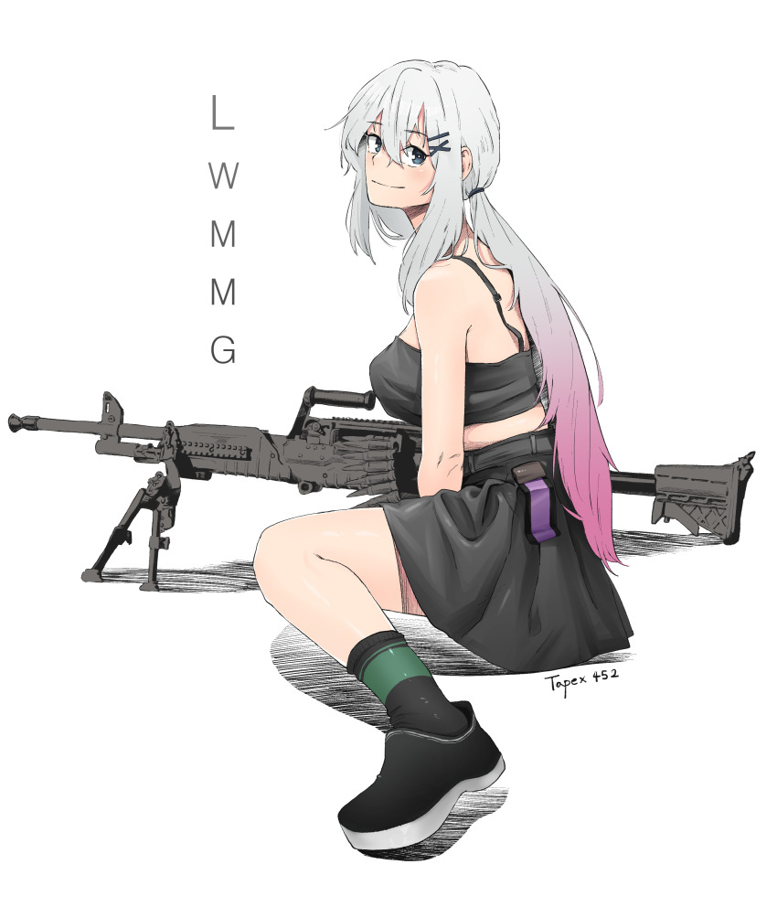 1girl, absurdres, ammunition, ammunition_belt, artist_name, belt, bipod, black_skirt