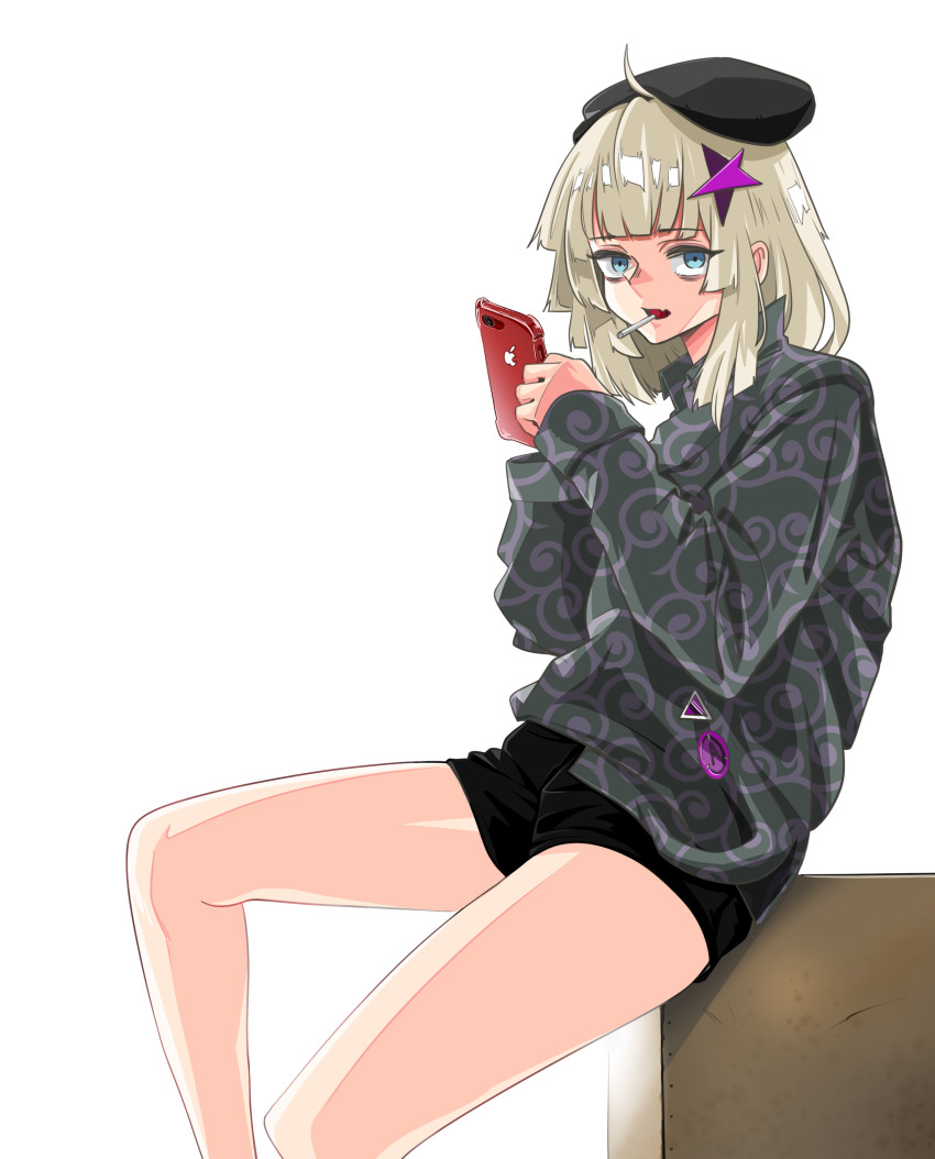 1girl, aa-12_(girls'_frontline), absurdres, ahoge, alternate_costume, apple_inc., bad_id, bad_pixiv_id, baggy_clothes, bags_under_eyes, beret, black_shorts, blue_eyes, blunt_bangs, blunt_ends, candy, casual, cellphone, female_focus, food, girls'_frontline, hair_ornament, hands_up, hat, highres, holding, holding_phone, iphone, kangsog, legs, lollipop, looking_at_viewer, medium_hair, phone, pin, shorts, simple_background, sitting, smartphone, solo, star_(symbol), star_hair_ornament, table, white_background, white_hair