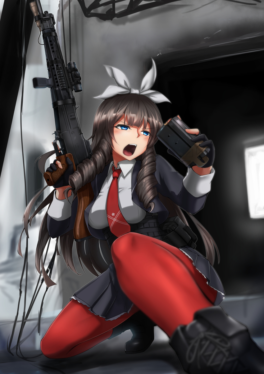 1girl, absurdres, battle_rifle, black_boots, black_gloves, blue_eyes, blurry, boots, bow, brown_hair, cable, commentary_request, cropped_jacket, depth_of_field, drill_hair, drill_sidelocks, female_focus, girls'_frontline, gloves, gun, hair_bow, highres, holding, holding_gun, holding_weapon, howa_type_64, howa_type_64_(girls'_frontline), indoors, jacket, kneeling, knees, legs, long_hair, looking_to_the_side, magazine_(weapon), necktie, on_one_knee, open_clothes, open_jacket, pantyhose, partially_fingerless_gloves, red_pantyhose, reloading, ribbon, rifle, school_uniform, sekino_takehiro, shooting_gloves, shouting, sidelocks, solo, tactical_clothes, trigger_discipline, weapon, white_ribbon