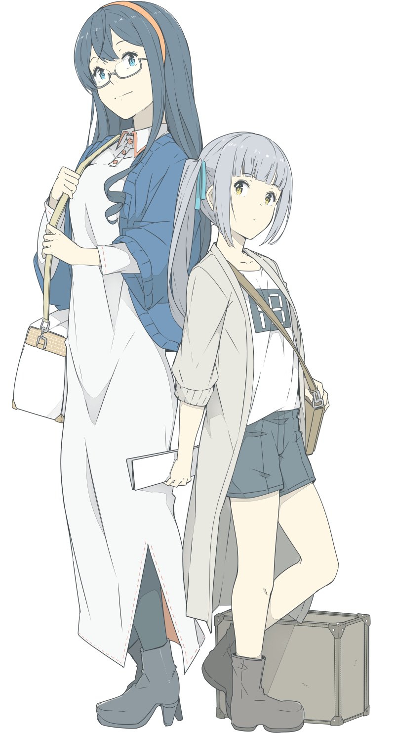 2girls, bag, beige_jacket, black_footwear, black_hair, black_shorts, blue_eyes, blue_jacket