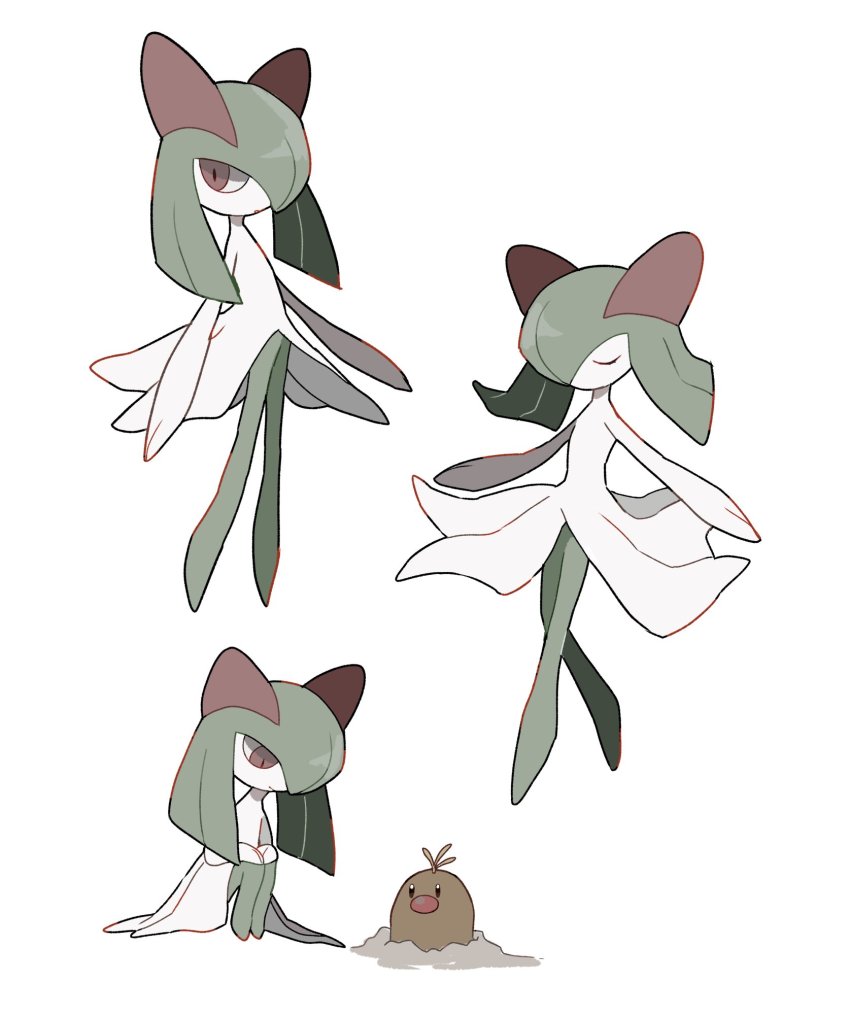 1girl, alolan_diglett, alolan_form, bad_id, bad_twitter_id, blonde_hair, brown_eyes, closed_eyes, closed_mouth, colored_skin, eye_contact, female_focus, full_body, gen_3_pokemon, gen_7_pokemon, green_hair, green_skin, hair_over_one_eye, hands_on_own_knees, happy, highres, kirlia, kurosuke_(krsk_8x8x), legs_together, long_hair, looking_at_another, looking_down, looking_to_the_side, multicolored_skin, multiple_views, nintendo, no_humans, open_mouth, own_hands_together, pokemon, pokemon_(creature), red_eyes, simple_background, smile, squatting, standing, two-tone_skin, white_background, white_skin