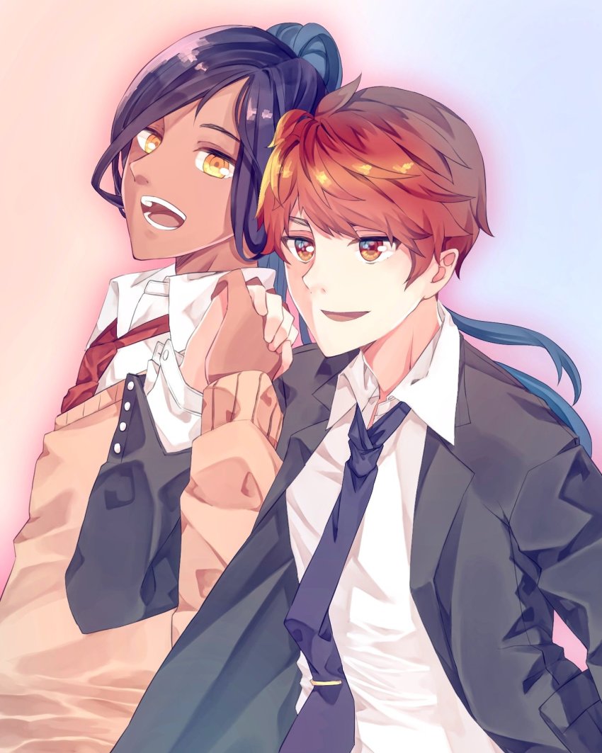 1boy, 1other, :d, black_hair, black_neckwear, black_suit, blue_hair, dark-skinned_male