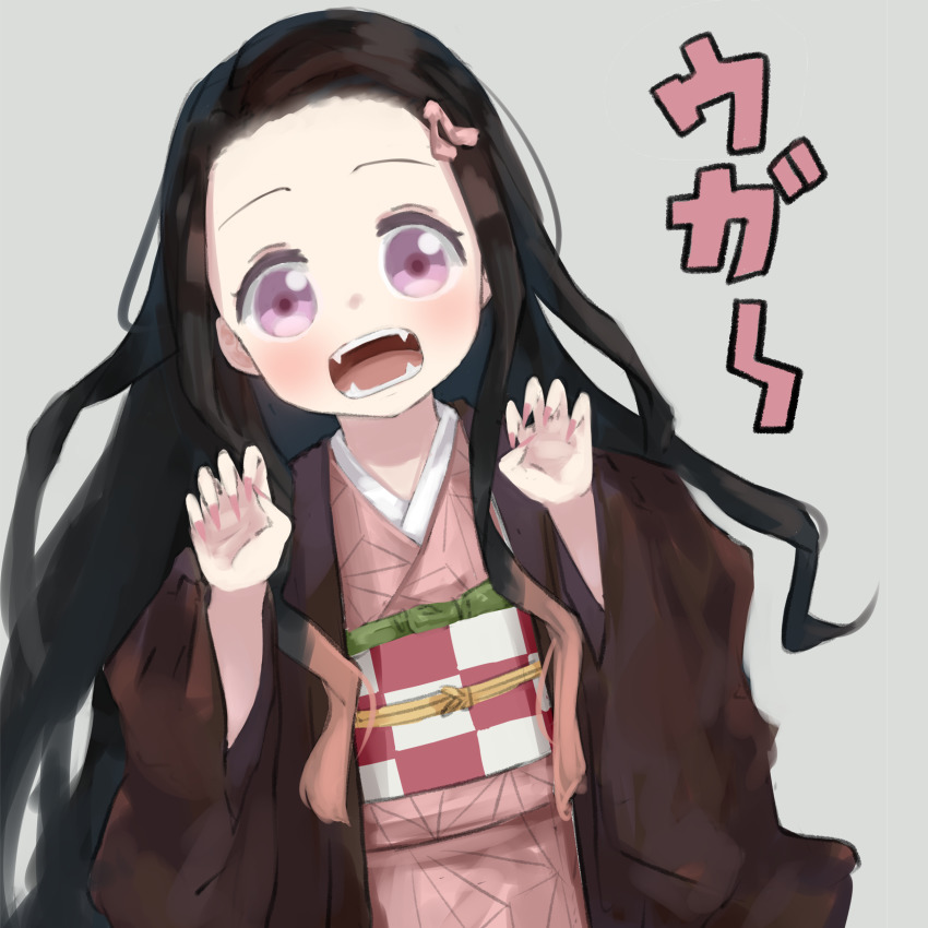 1girl, absurdres, black_hair, checkered_sash, commentary, fangs, female_focus, forehead