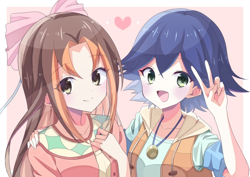 2girls, :d, blue_hair, blue_shirt, blush, bow, brown_eyes, brown_hair
