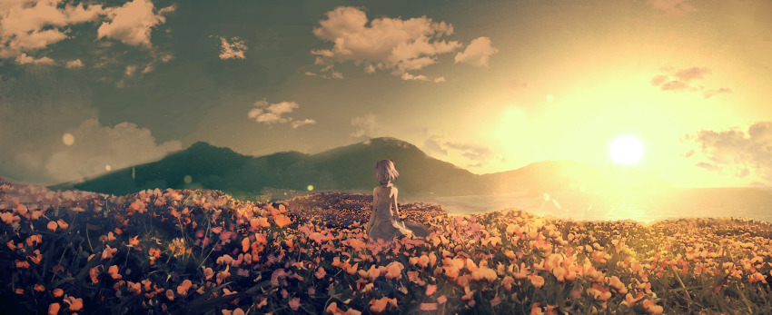 1girl, absurdres, bare_arms, bare_shoulders, cloud, commentary_request, dress, facing_away