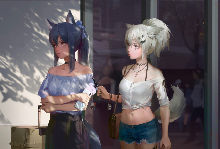 2girls, a-m-one, animal_ears, arknights, bag, bangle, bare_shoulders, black_choker