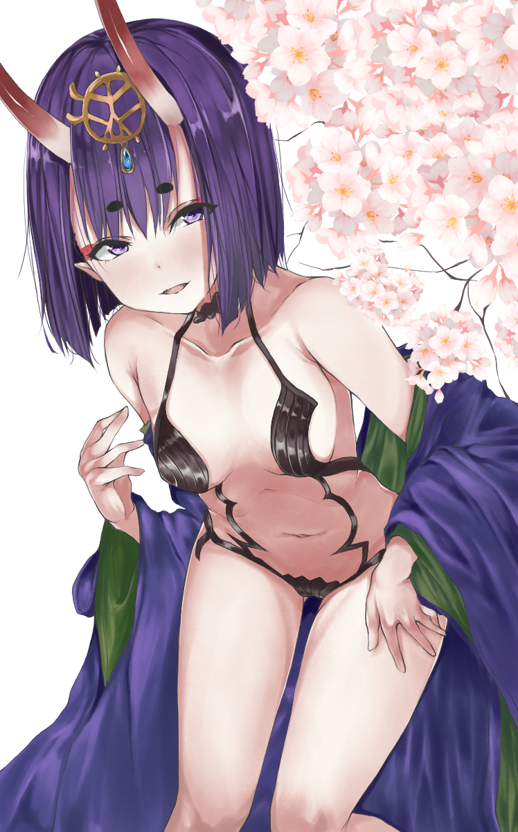 1girl, bare_shoulders, blush, bob_cut, breasts, cherry_blossoms, eyeliner, fate/grand_order