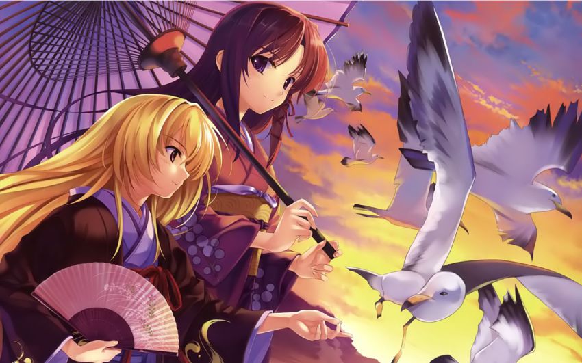 2girls, bird, blonde_hair, brown_hair, folding_fan, fortune_arterial, hand_fan, hazuki_(company)