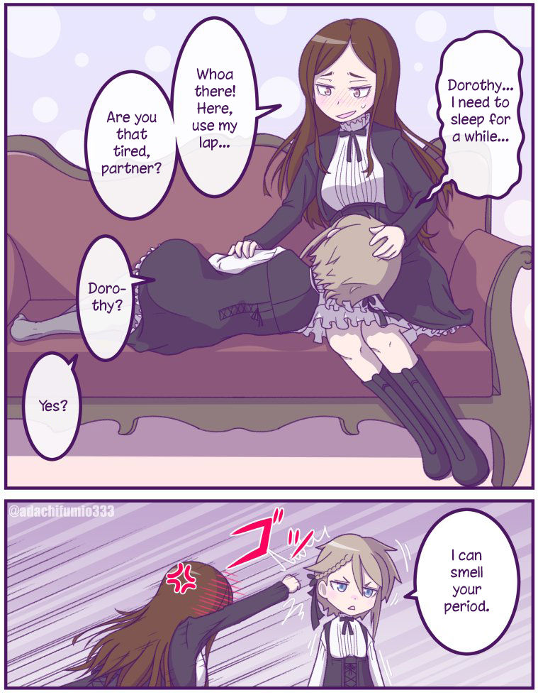 2girls, 2koma, adachi_fumio, ange_(princess_principal), anger_vein, artist_name, blue_eyes, blush