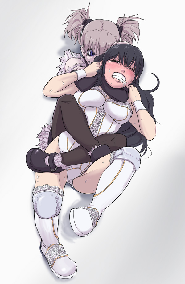 >:d, 2girls, :d, asphyxiation, black_hair, blue_eyes, boots, breasts, brown_hair, bustier, character_request, choke_hold, clenched_teeth, closed_eyes, crazy_eyes, elbow_gloves, female_focus, femdom, foaming_at_the_mouth, gloves, grey_hair, knee_pads, lace, large_breasts, leg_lift, leg_lock, leotard, lingerie, lips, long_hair, lying, mary_janes, multiple_girls, on_back, open_mouth, pantyhose, papa_(shimeguru), rear_naked_choke, ryona, saliva, shoes, short_hair, smile, source_request, strangling, submission, submission_hold, sweat, teeth, torture, twintails, underwear, v-shaped_eyebrows, wrestling