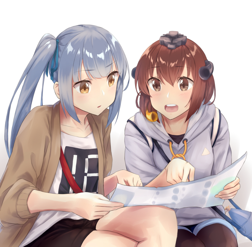 2girls, alternate_costume, backpack, bad_id, bad_pixiv_id, bag, black_legwear, blush