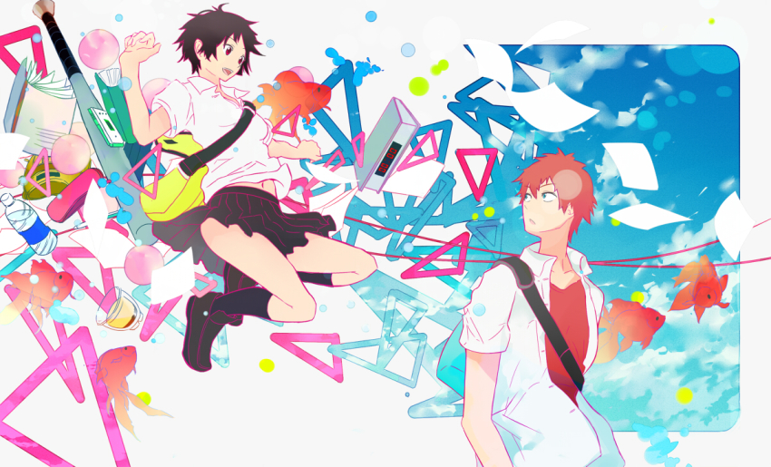 1boy, 1girl, :d, :o, abstract, alarm_clock, arms_up, bag