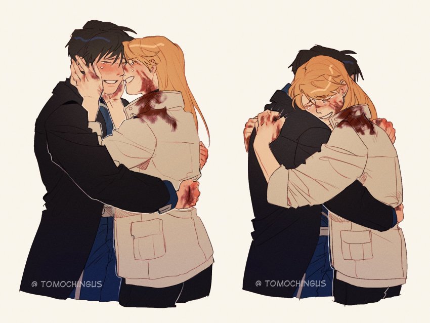 1boy, 1girl, amestris_military_uniform, black_coat, black_hair, blonde_hair, blood, blood_on_clothes