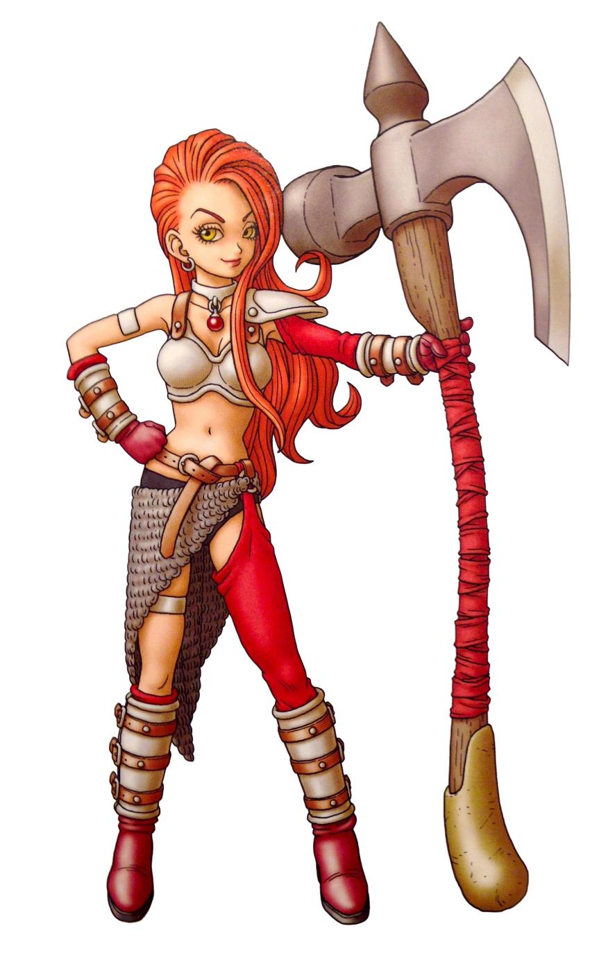 1girl, absurdres, axe, bad_id, bad_twitter_id, boots, breasts, choker, cleavage, dragon_quest, dragon_quest_heroes, dragon_quest_heroes_ii, earrings, female_focus, full_body, gloves, highres, jewelry, long_hair, midriff, navel, official_art, orange_hair, ornaze_(dqhii), scan, solo, square_enix, thighhighs, toriyama_akira, white_background, yellow_eyes