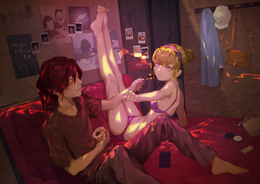 1boy, 1girl, :t, absurdres, bag, barefoot, blonde_hair, bra, brick_wall, newsboy_cap, chewing, commentary_request, compact_(cosmetics), cosmetics, day, food, full_body, hair_bun, hairband, handbag, hat, hat_rack, highres, holding, holding_spoon, indoors, legs, long_hair, looking_at_another, on_bed, original, panties, photo_(object), poster_(object), pudding, purple_bra, purple_eyes, purple_panties, red_eyes, red_hair, shirt, single_hair_bun, sitting, smartphone_case, spongeman9214, spoon, t-shirt, underwear, underwear_only, wardrobe, yoga
