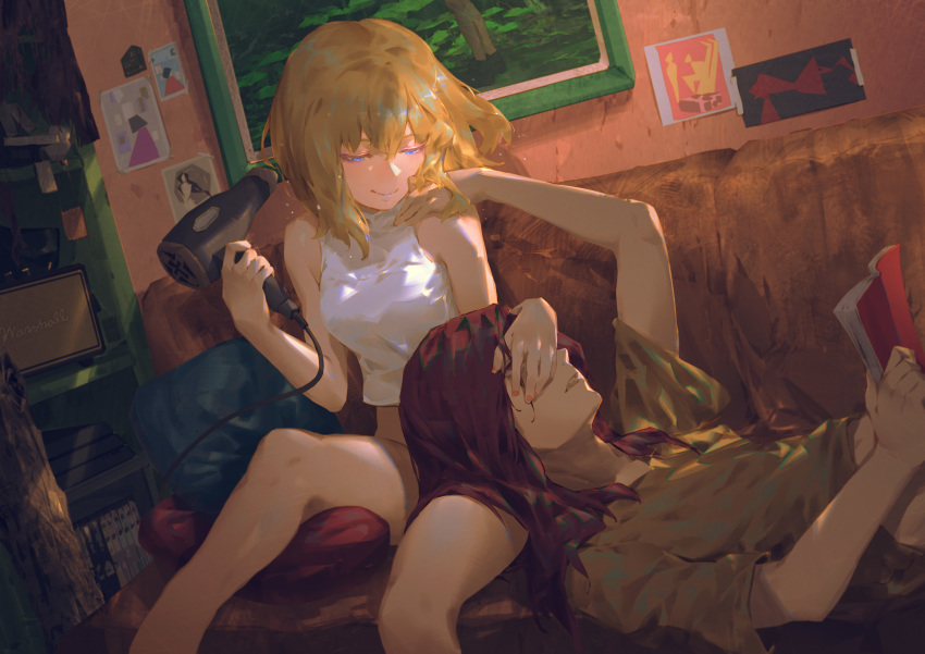 1boy, 1girl, absurdres, amplifier, blonde_hair, blue_eyes, bottomless, commentary_request
