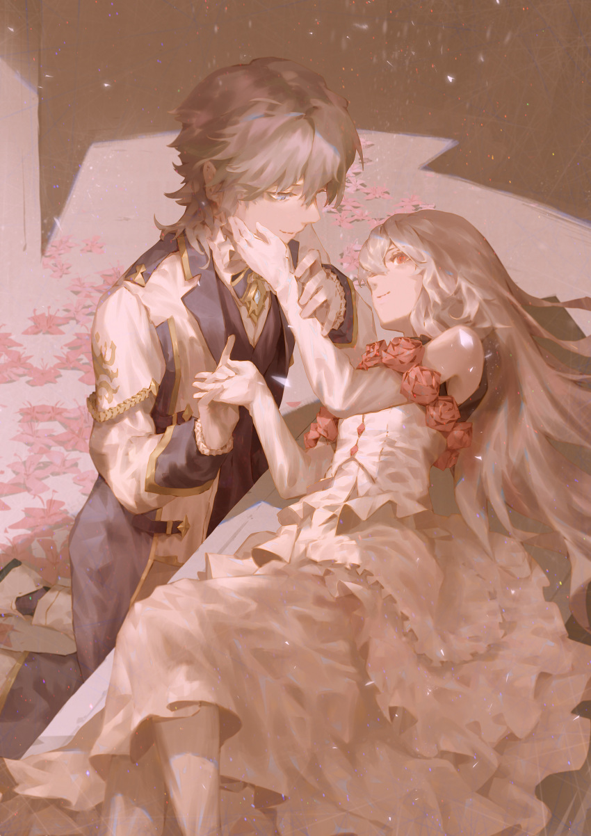 1boy, 1girl, absurdres, blue_eyes, chain, closed_mouth, commentary_request, day