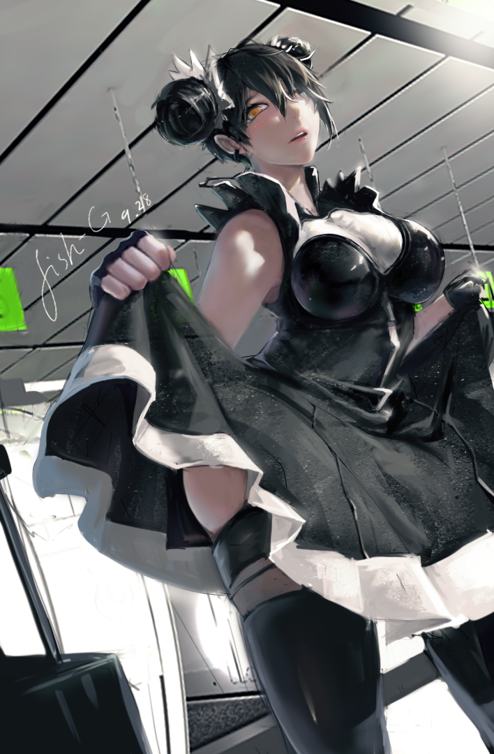 1girl, agent_(girls'_frontline), alternate_costume, asymmetrical_hair, black_gloves, breasts, ceiling, chinese_commentary