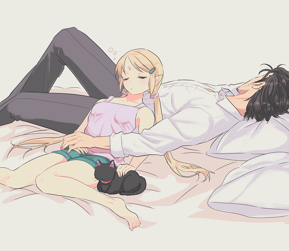 1boy, 1girl, aqua_shorts, bad_anatomy, bad_leg, barefoot, black_cat, black_hair, black_pants, breasts, cat, cop_craft:_dragnet_mirage_reloaded, facial_mark, forehead_mark, hair_ornament, hairclip, hand_on_hand, kuroi_(dragnet), long_hair, low_twintails, lying, matoba_kei, on_back, on_bed, otowe, pants, parted_bangs, pillow, pointy_ears, shirt, shorts, sleeping, sleeveless, small_breasts, thighs, tilarna_exedilika, twintails, white_background, white_shirt