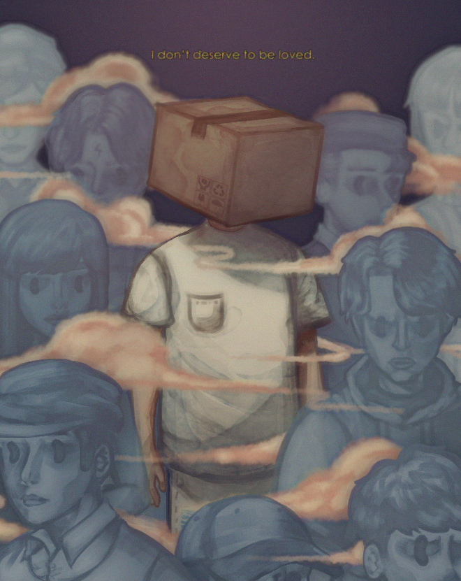 6+others, ambiguous_gender, arms_at_sides, box, boxification, cardboard_box, cloud, commentary