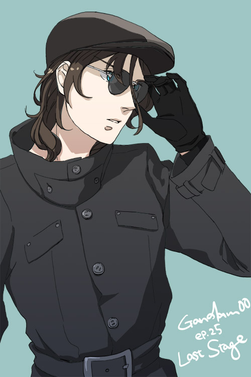 00s, 1boy, adjusting_eyewear, bad_id, bad_pixiv_id, brown_hair, buttons, newsboy_cap